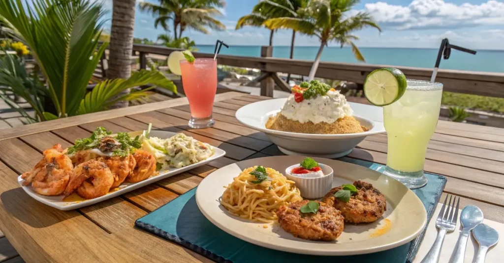 Bahama Breeze menu dishes with tropical drinks