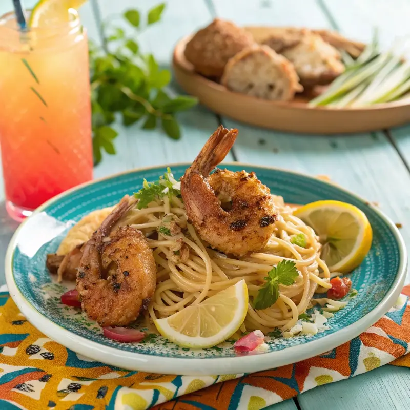 Bahama Breeze coconut shrimp and jerk chicken pasta