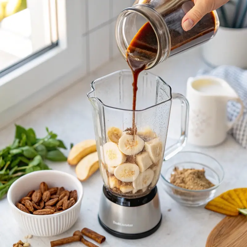 Preparing banana bread iced latte in blender
