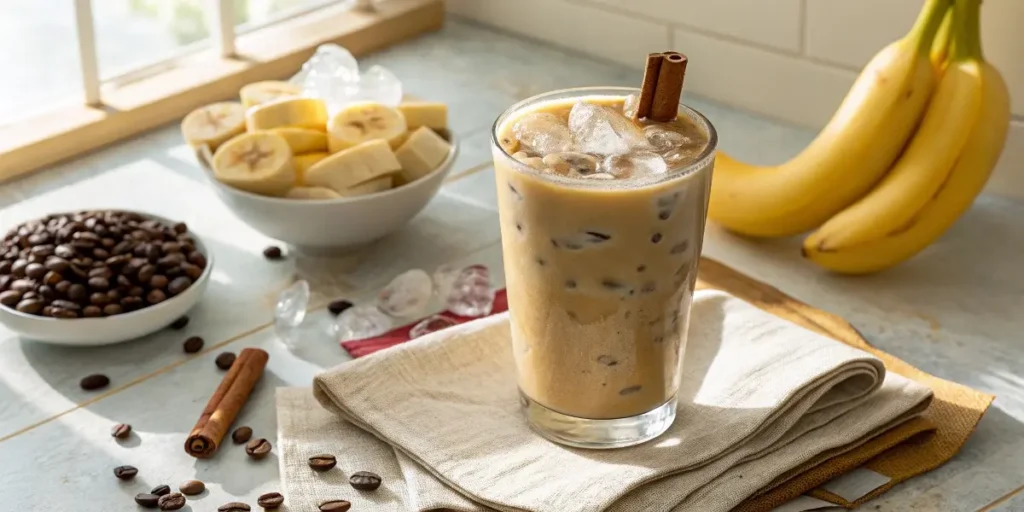 Banana bread iced latte in tall glass with cinnamon stick