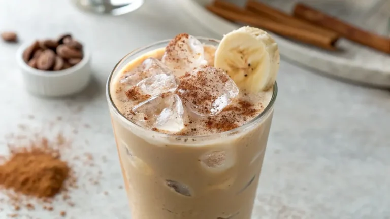 Finished banana bread iced latte in clear glass