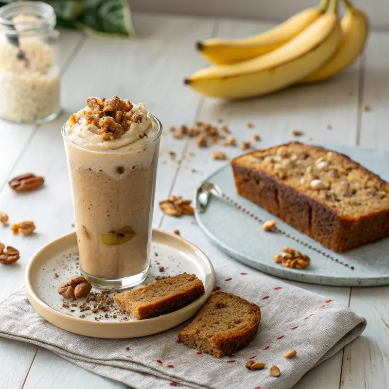 Served banana bread iced latte with banana bread slice