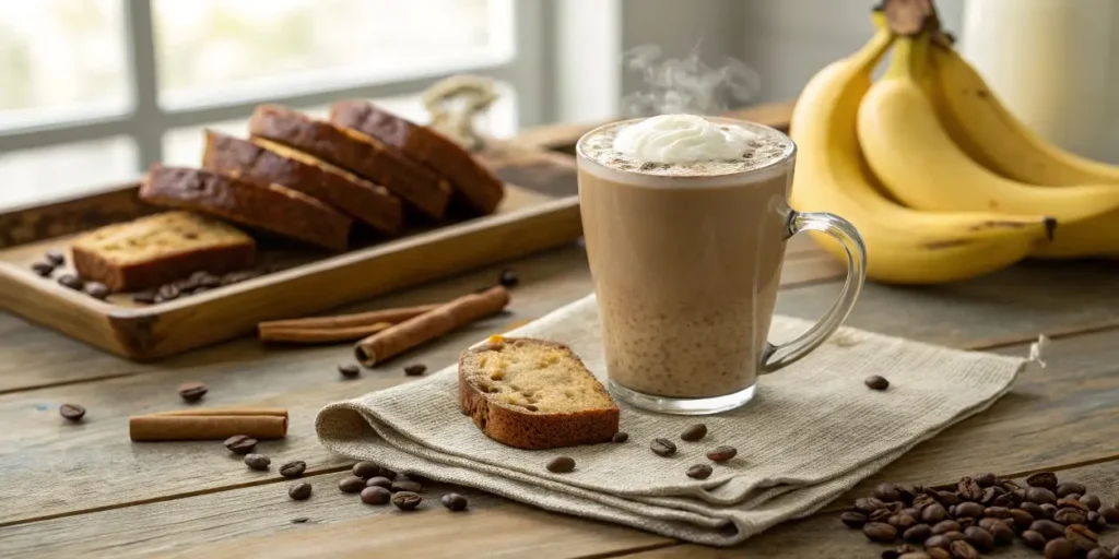 Banana bread latte in a mug with bananas and coffee beans