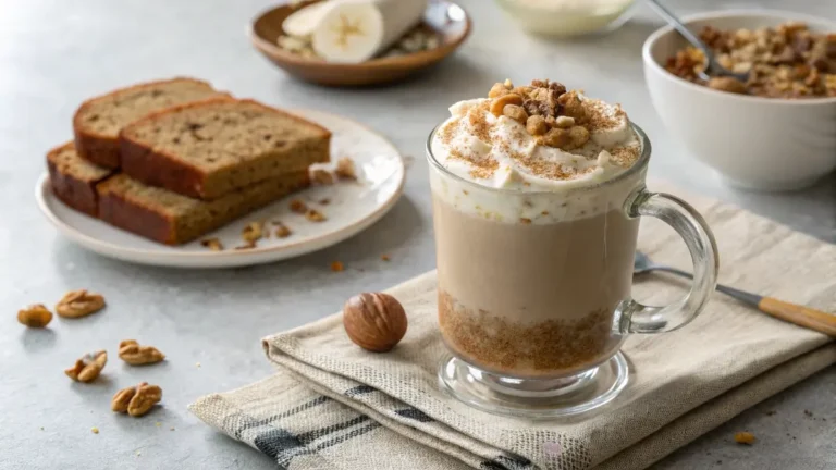 Finished banana bread latte in a glass mug with cinnamon and walnuts