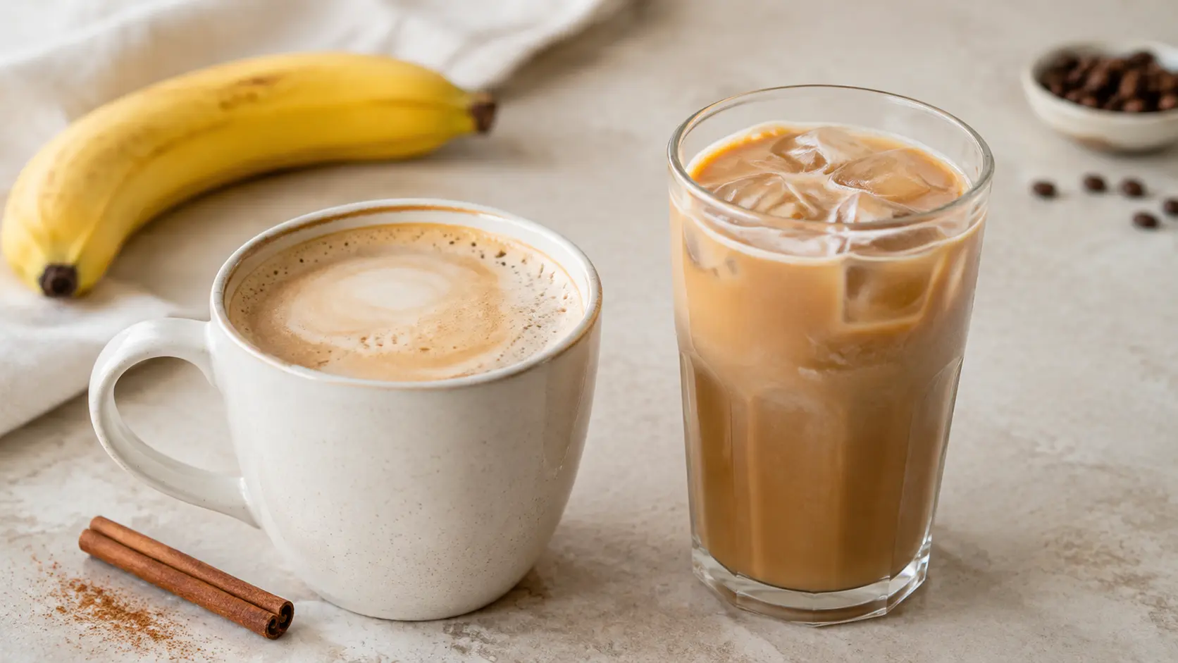 Hot and iced banana bread lattes with banana and cinnamon