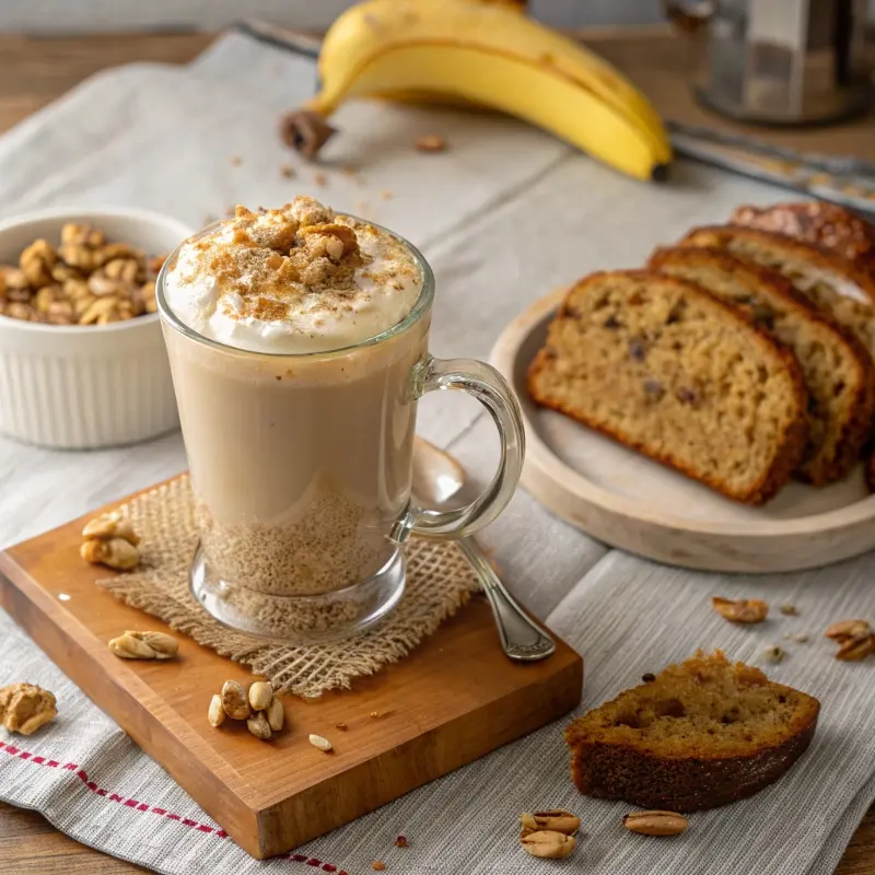 Served banana bread latte with banana bread slice