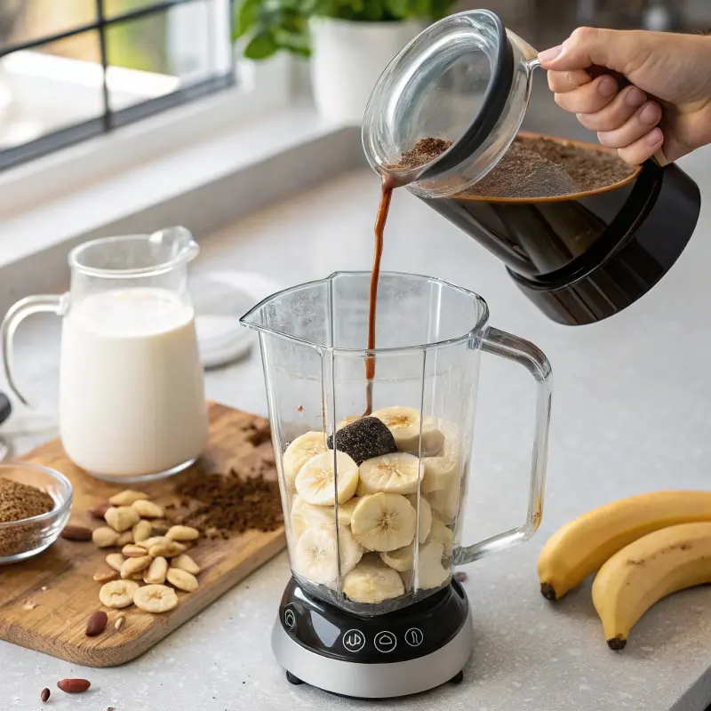 Making banana bread latte in blender
