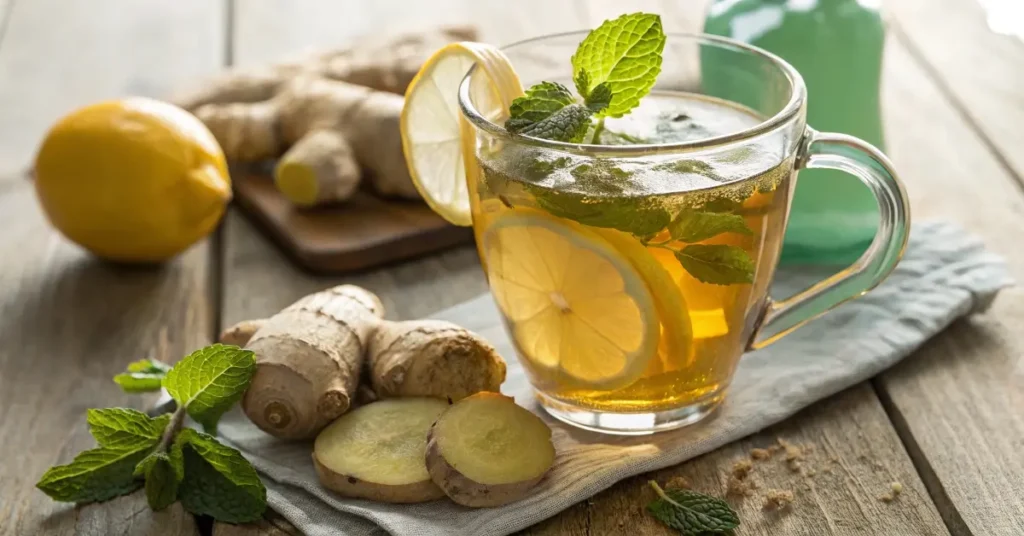 Bariatric tea with lemon and ginger on wooden table