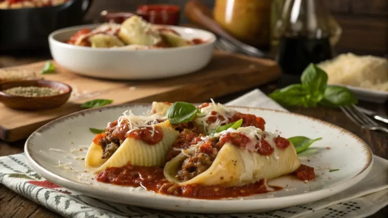Beef and ricotta stuffed shells served with marinara