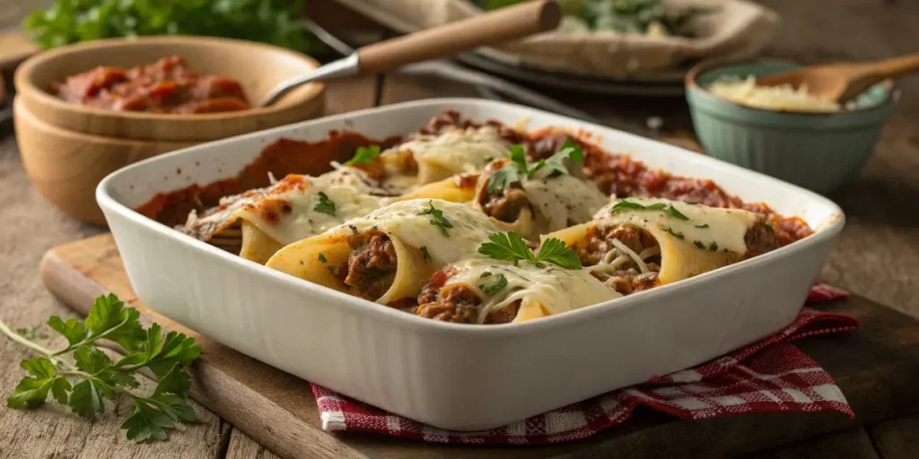 Beef-stuffed shells baked in marinara sauce with cheese