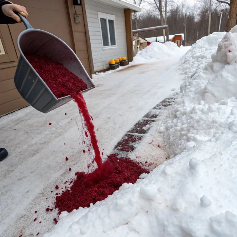 Applying beet-brine rock salt mix to snow
