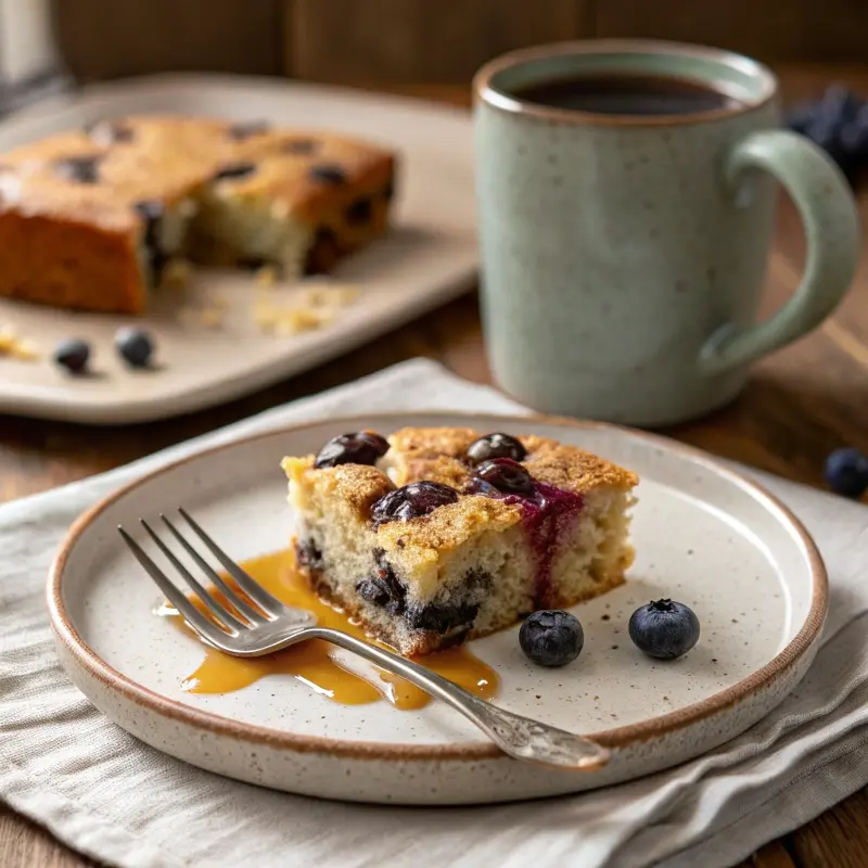 Slice of blueberry breakfast cake with honey drizzle on ceramic plate