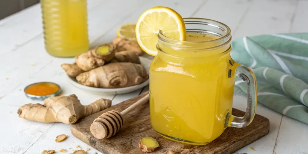 Brazilian ginger drink in mason jar with lemon and ginger
