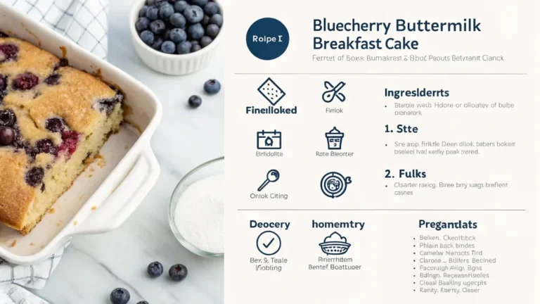 Buttermilk blueberry breakfast cake recipe card with ingredients and steps