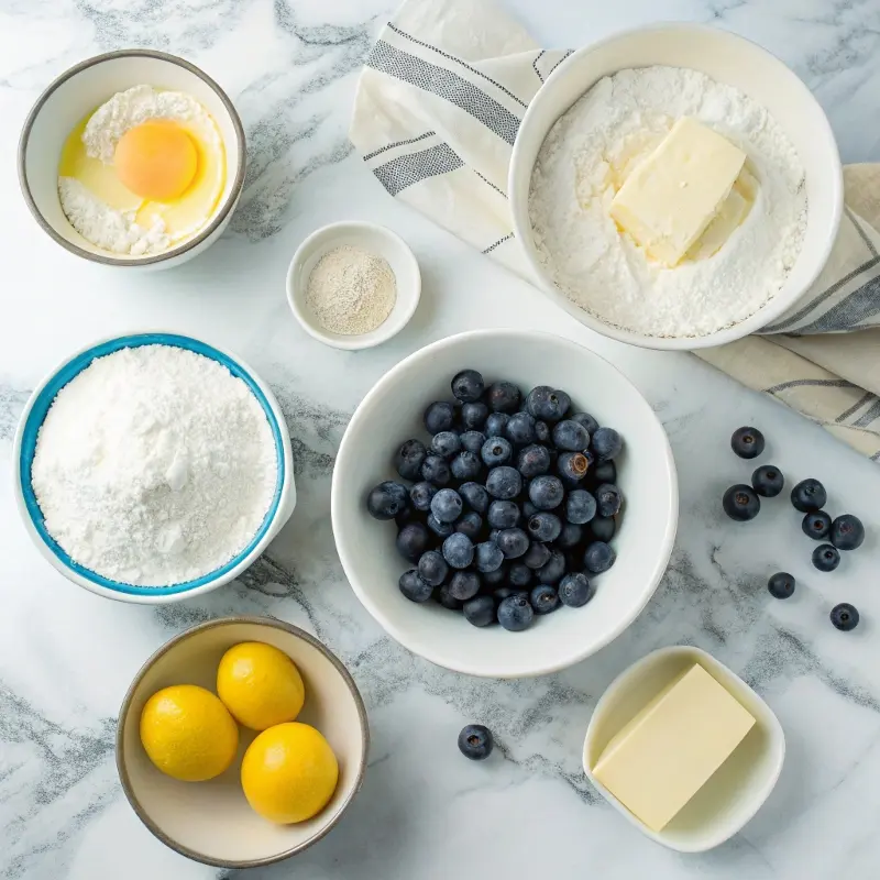 Ingredients for buttermilk blueberry cake including flour, sugar, blueberries