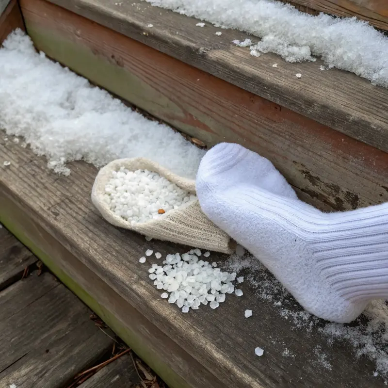 Sock filled with calcium chloride on icy step _ Will Pink Himalayan Salt Melt Ice