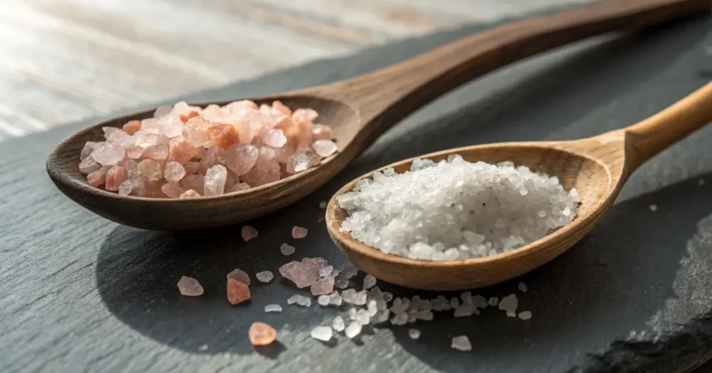 Grey Celtic salt vs pink Himalayan salt in wooden spoons