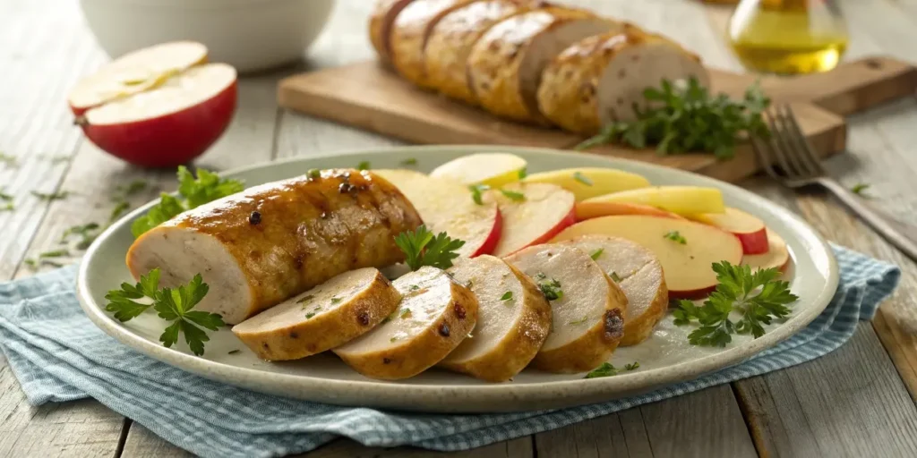 Chicken apple sausage air fryer recipe served with fresh apples