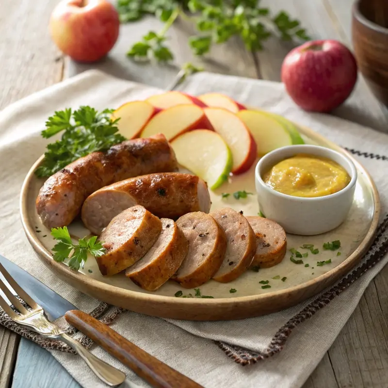 Sliced chicken apple sausage with apples and mustard dip