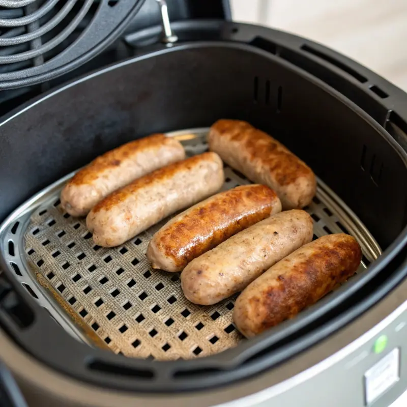 Chicken apple sausage in air fryer basket before cooking