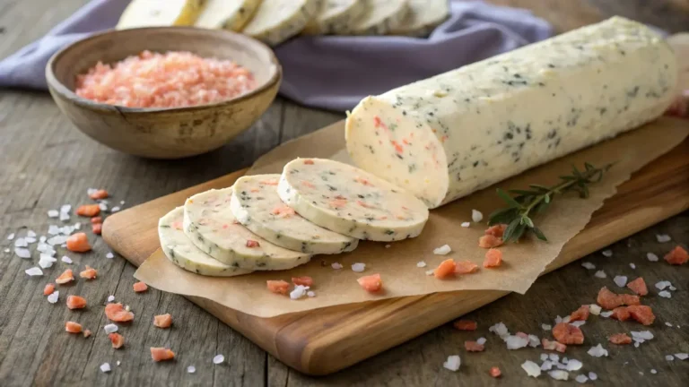 Slices of compound butter with Celtic and Himalayan salt crystals
