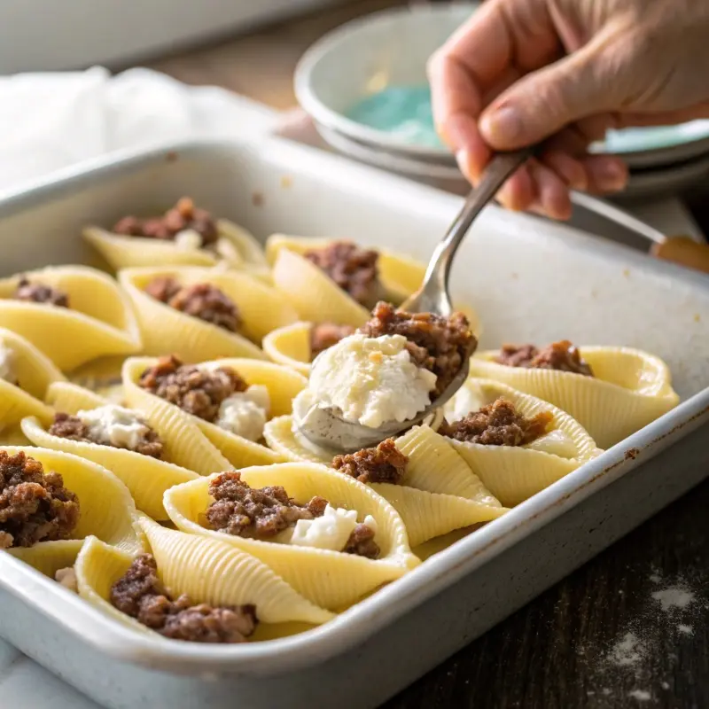 Filling shells with creamy ricotta and beef