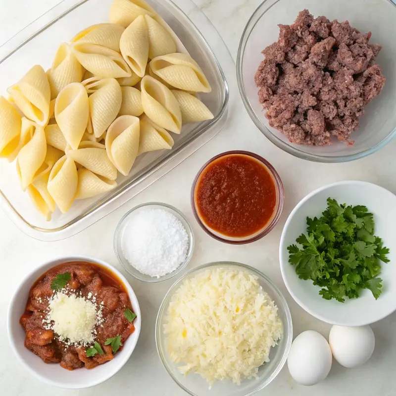Ingredients for beef-stuffed shells with ricotta