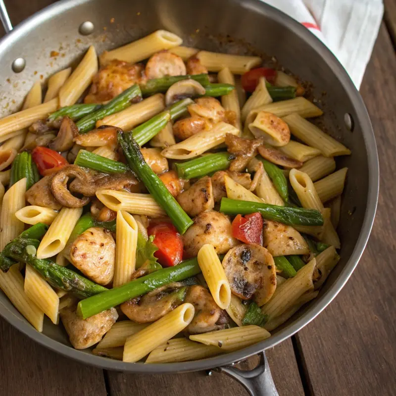 Chicken and asparagus pasta with glaze