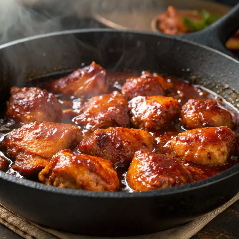 Chicken simmering in honey pepper glaze