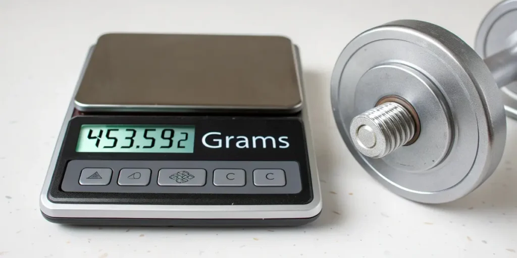 Digital kitchen scale showing 453.592 grams—the exact weight of one pound