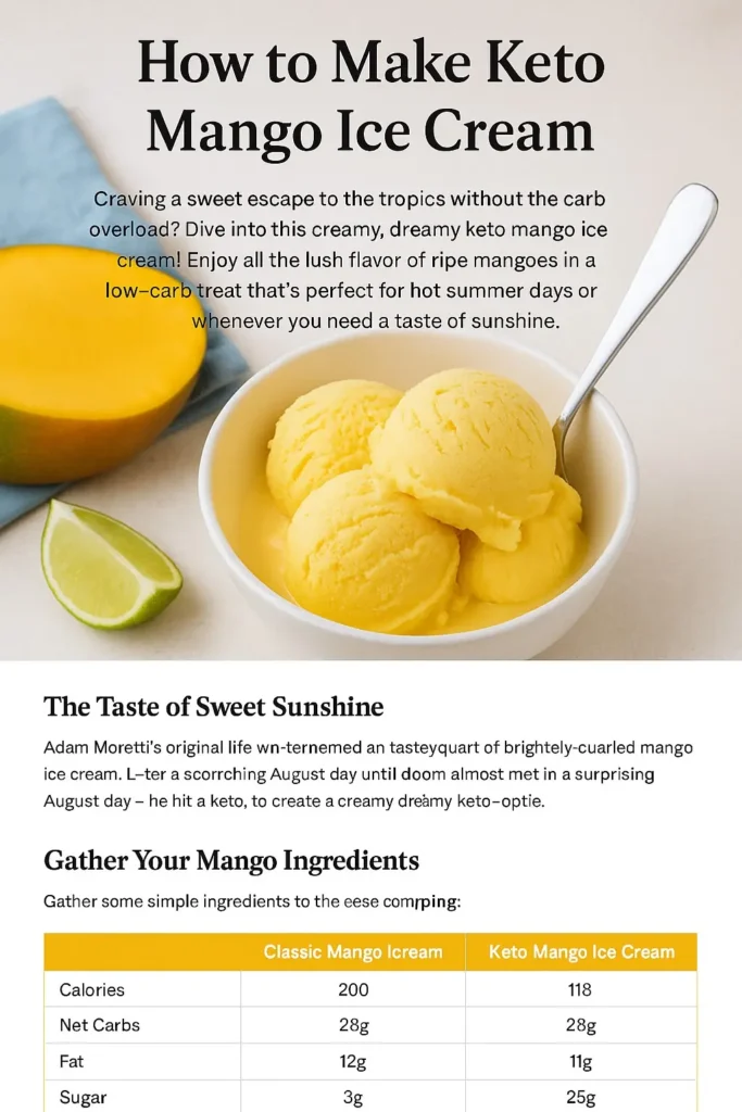 Bowl of creamy keto mango ice cream with mango and lime on a marble counter, featuring nutrition chart comparison.
