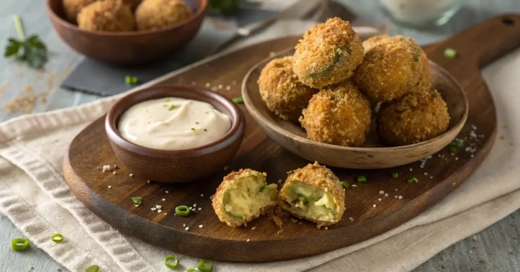 Keto Fried Pickle Balls on a rustic kitchen plate