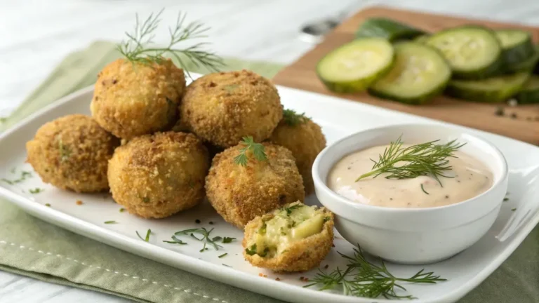 Keto Fried Pickle Balls with dipping sauce and dill