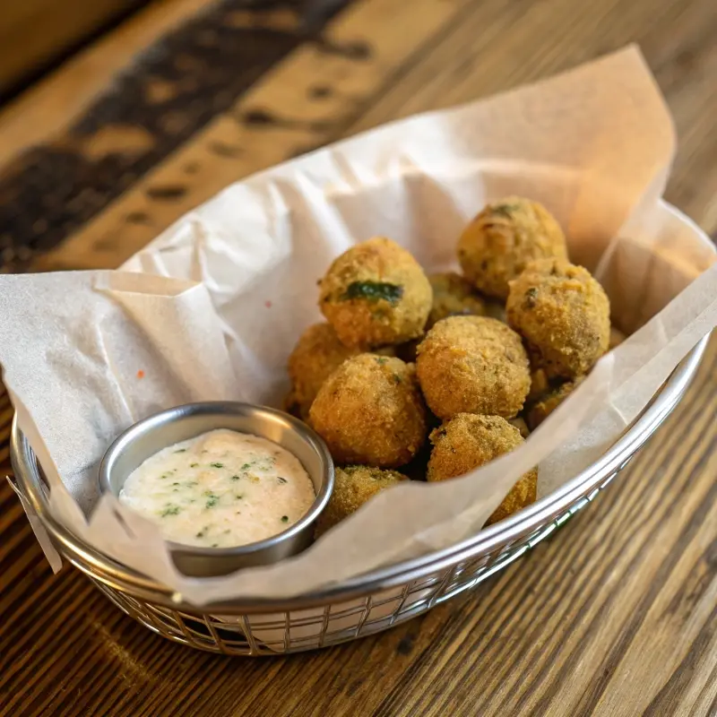 Served keto fried pickle balls with dip