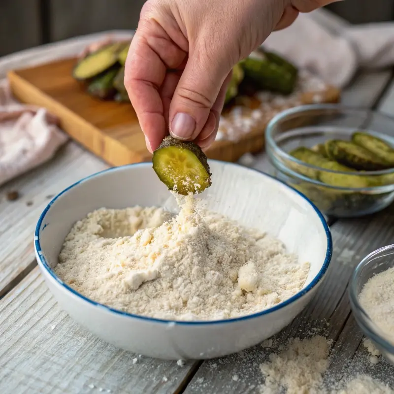 Coating pickle in almond flour for keto fried pickle balls