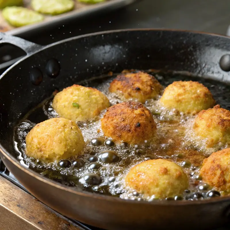 Frying keto pickle balls in hot oil