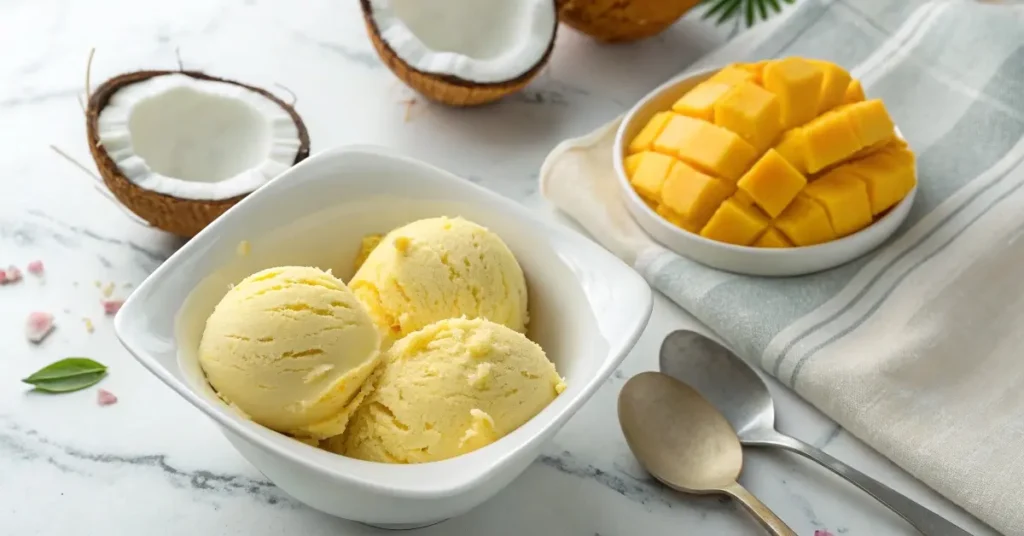 Keto mango ice cream in a bowl with mango slices and coconut cream.