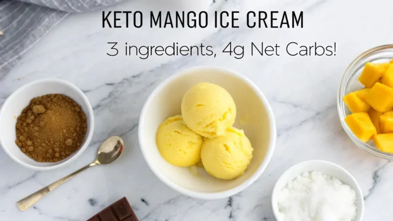 Overhead flat lay of keto mango ice cream with ingredients and text overlay recipe card.