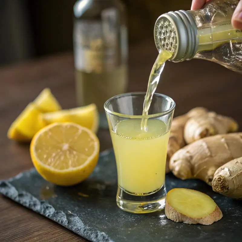 Pouring lemon-ginger Himalayan salt tonic