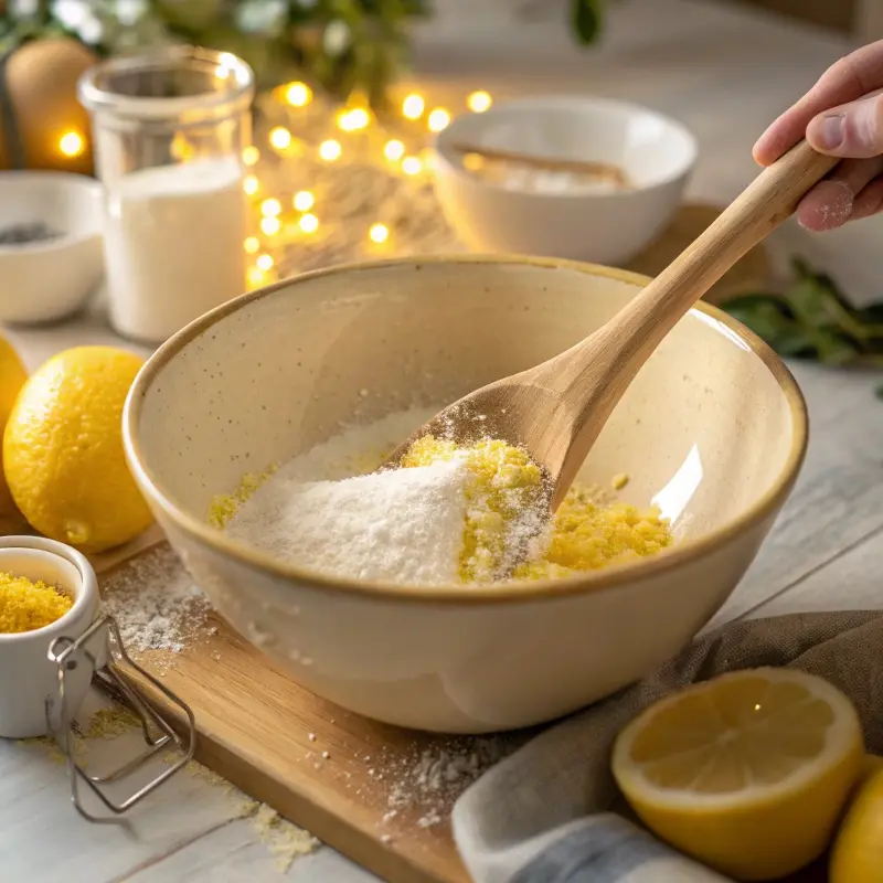 Mixing blueberry cake batter with lemon zest and buttermilk