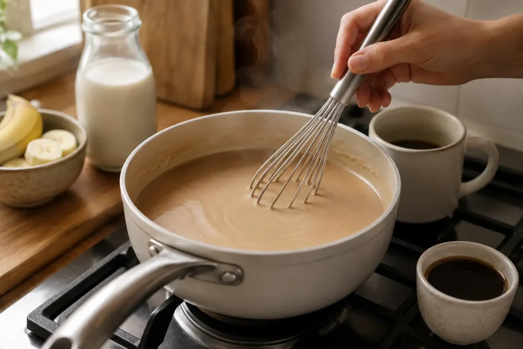 Warming the blended banana milk for a hot banana bread latte