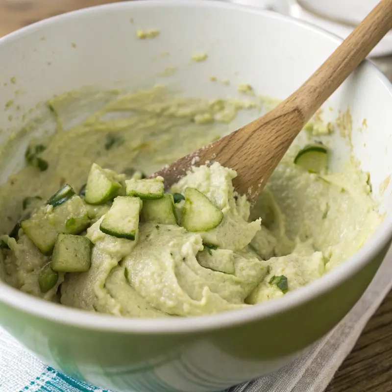 Pickle cake batter being mixed with visible pickle bits