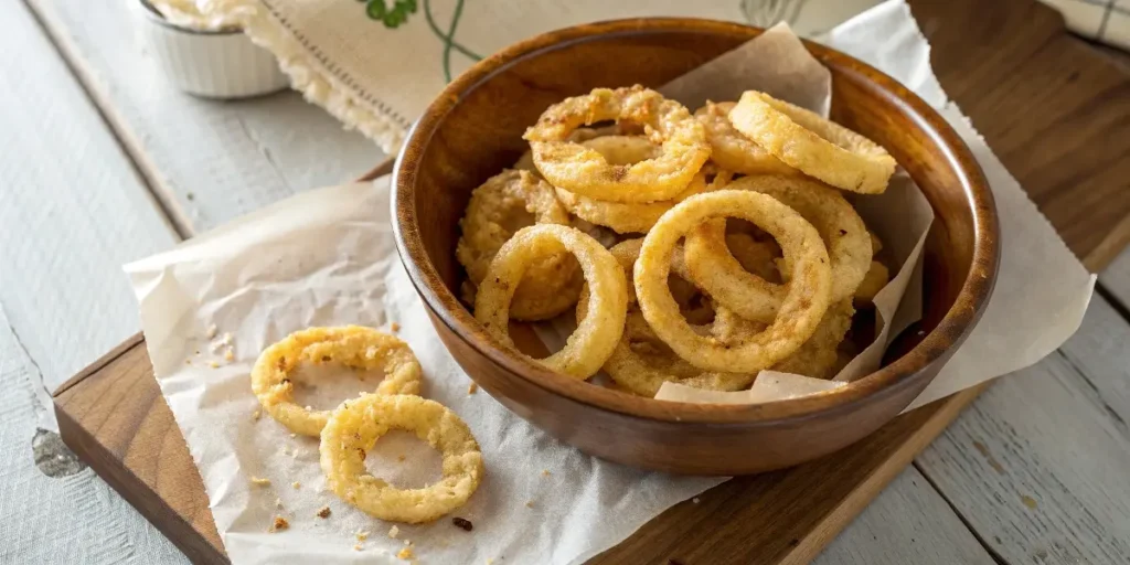 Parmesan Onion Ring Chips served in rustic bowl