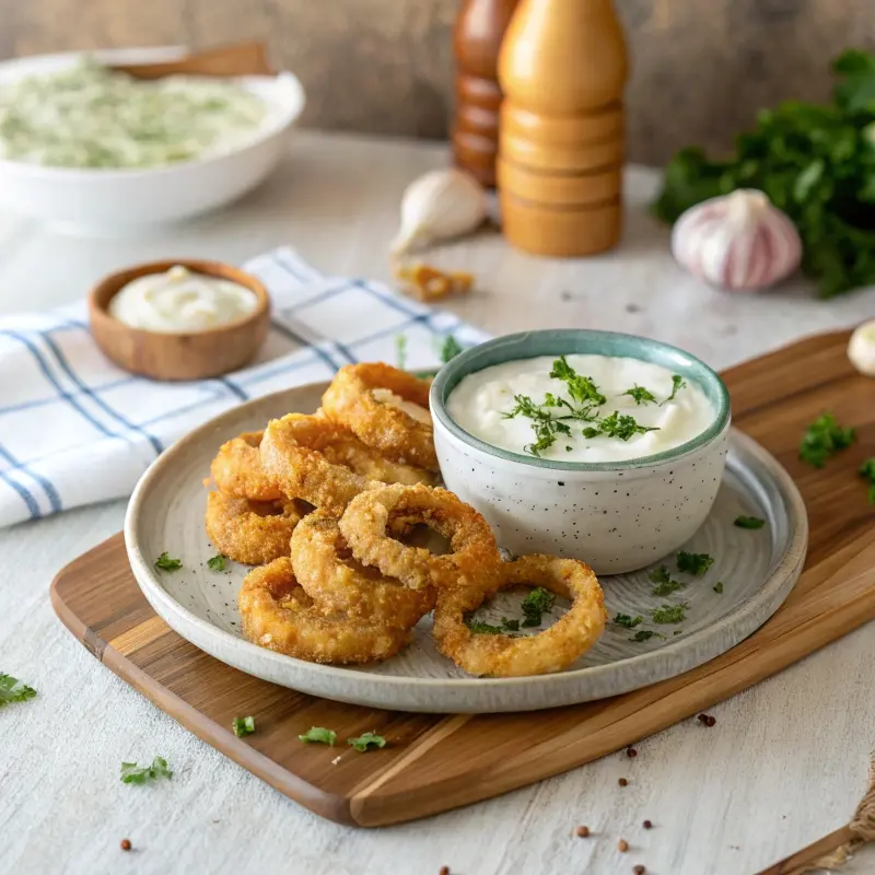 Parmesan Onion Ring Chips served with dip