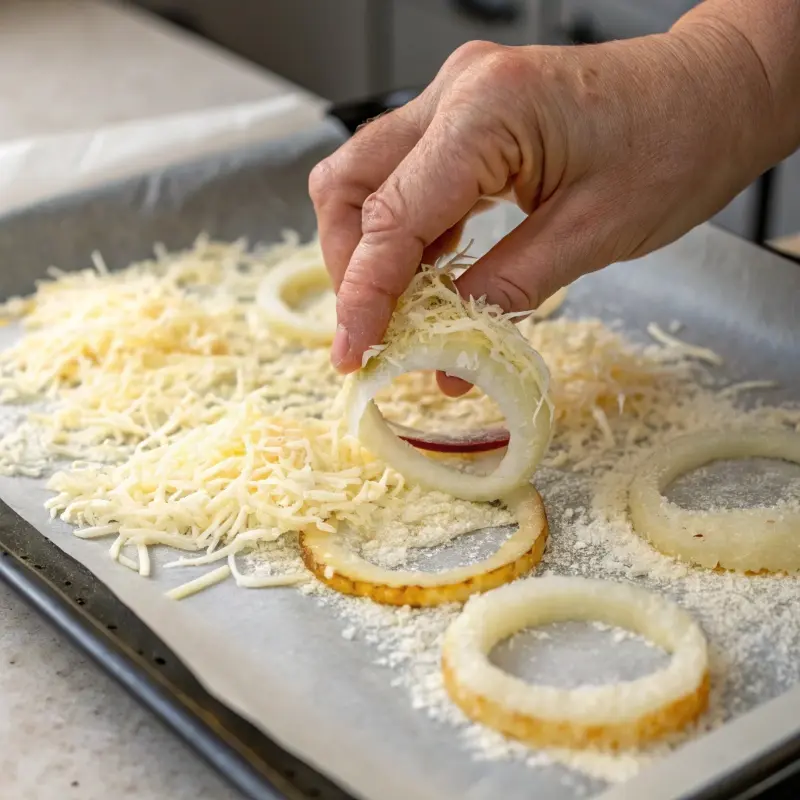 Placing onion on shredded Parmesan to bake