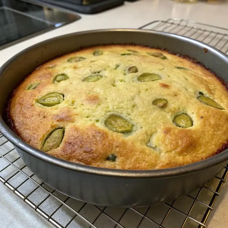 Freshly baked pickle cake in pan with golden top