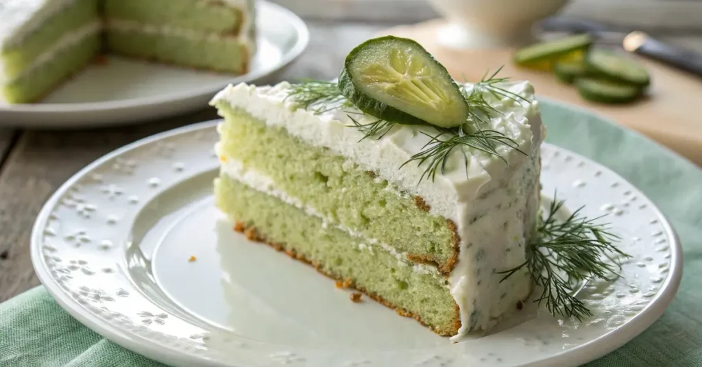 Pickle cake slice topped with frosting and dill garnish