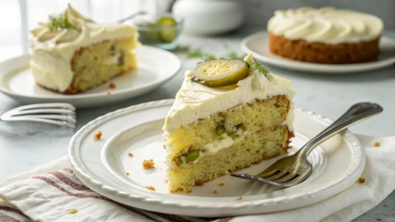 Slice of pickle cake topped with frosting and pickle chip