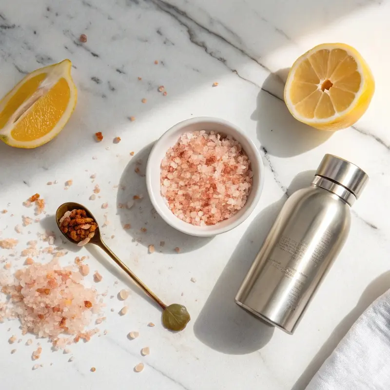 Ingredients for pink Himalayan salt and honey drink