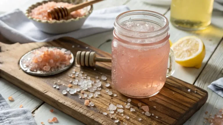 Mason jar of pink Himalayan salt and honey electrolyte drink on wood board